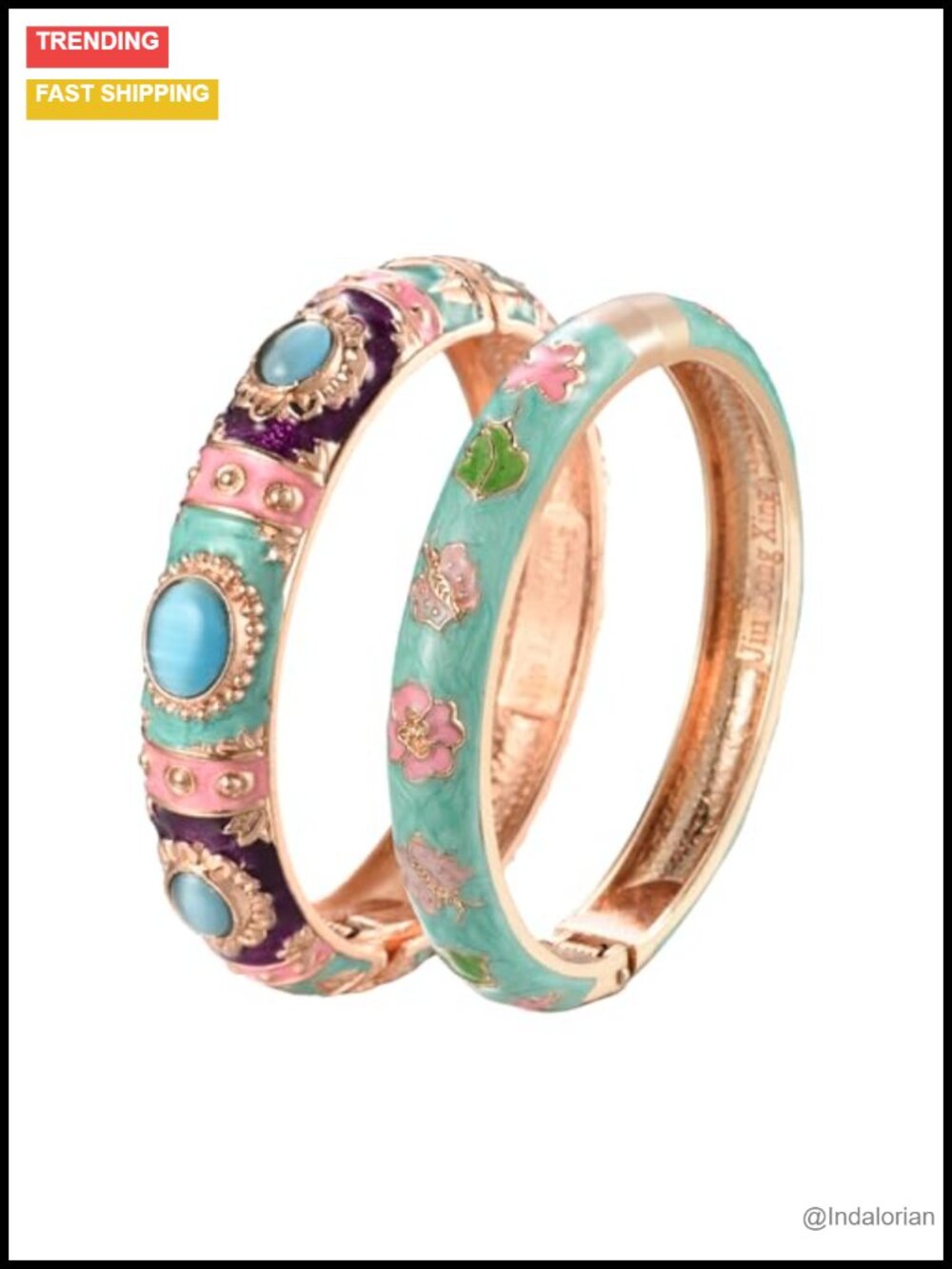 Vintage Cloisonne Enameled Butterfly Flower Hinged Cuff Bangle Set 2 pc